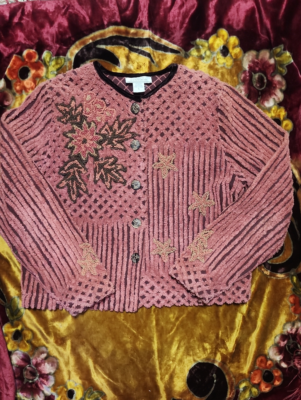 Vintage Pink Chenille Textured Rose Pink Embroidered Women’s Cardigan